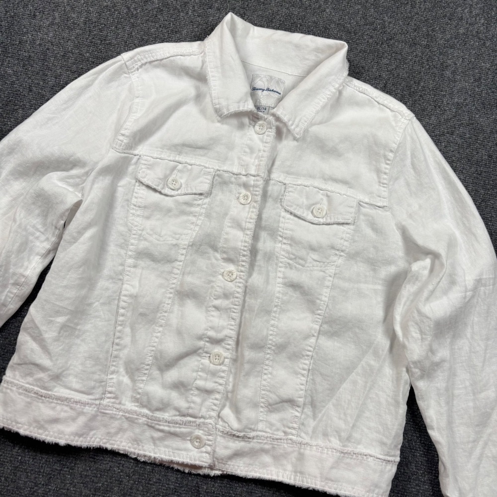 Tommy Bahama Linen Jacket Womens XL White Frayed Hem Button Up